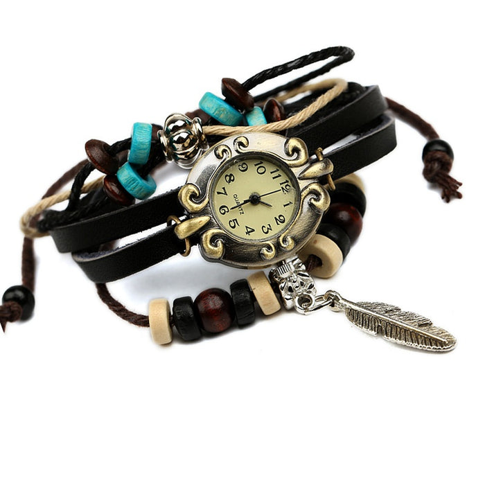 Elegant Women's Quartz Watch With Beaded Leather Bracelet And Niche Vintage Braided Wristband