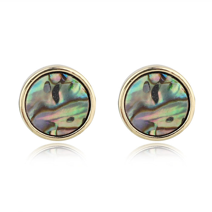 Round Abalone Shell Stud Earrings in Gold or Silver Tone Finish