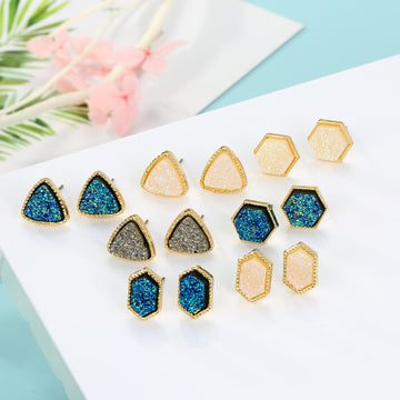 Gold Tone Faux Druzy Geometric Stud Earrings in Seven Designs