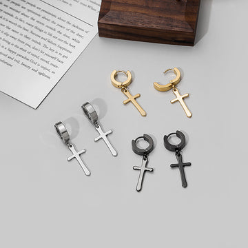 Long Cross No Piercing Clips and Huggie Earrings in Six Finishes