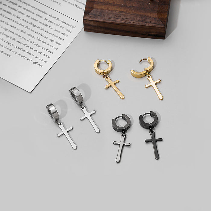 Long Cross No Piercing Clips and Huggie Earrings in Three Finishes