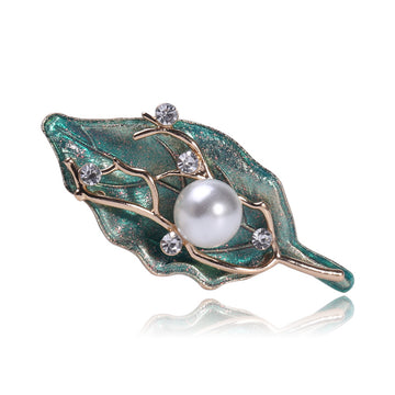 Enamel Leaf Brooch With White Pearl and Branch Details