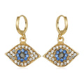 Gold Tone Crystal Blue Evil Eye Huggie Drop Earrings view 1