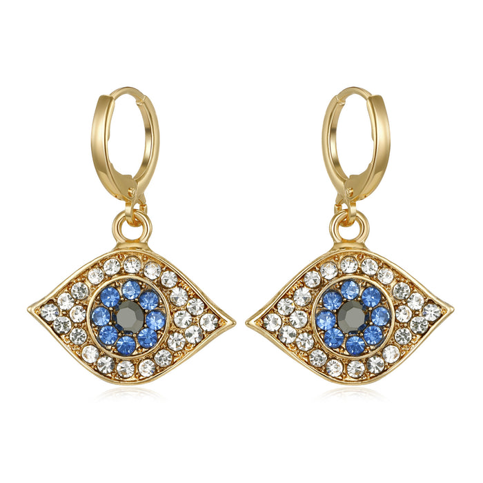 Gold Tone Crystal Blue Evil Eye Huggie Drop Earrings
