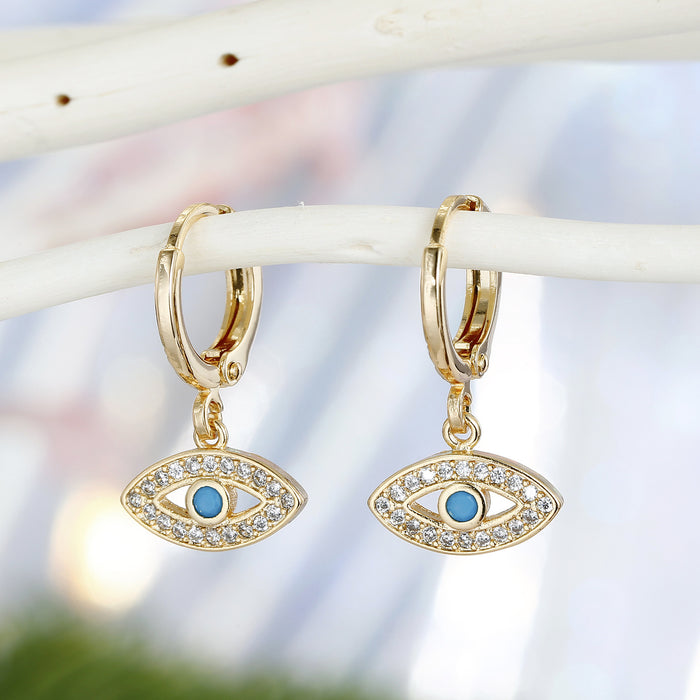 Crystal Framed Evil Eye Huggie Drop Earrings in Gold or Silver Tone