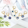 Gold Tone Small Round Evil Eye Huggie Drop Earrings in Three Designs view 2