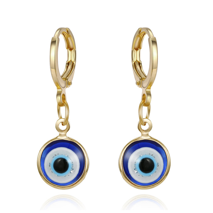 Gold Tone Small Round Evil Eye Huggie Drop Earrings in Three Designs