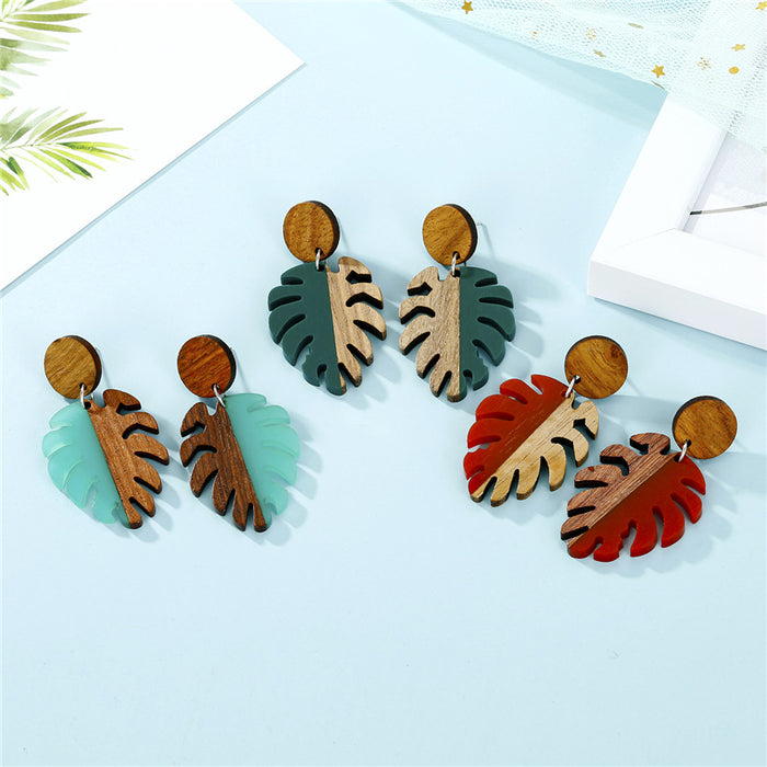 Layered Wood Monstera Leaf Stud Earrings in Three Colors