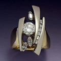 Abstract Multi-Rail Round Stone Wide Ring In Polished Gold Tone view 1