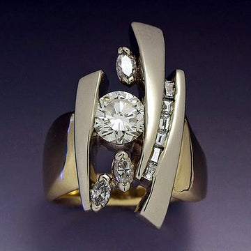 Abstract Multi-Rail Round Stone Wide Ring In Polished Gold Tone