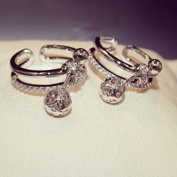 Silver Tone Open Ring with Two Clear Dangle Stones