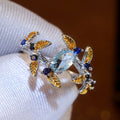 Light Blue Flower and Leaf Gold Tone Ring Jewelry Accessory view 3