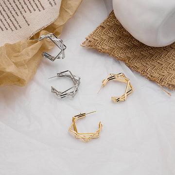 Gold and Silver Multi Wire Geometric C Hoop Stud Earrings