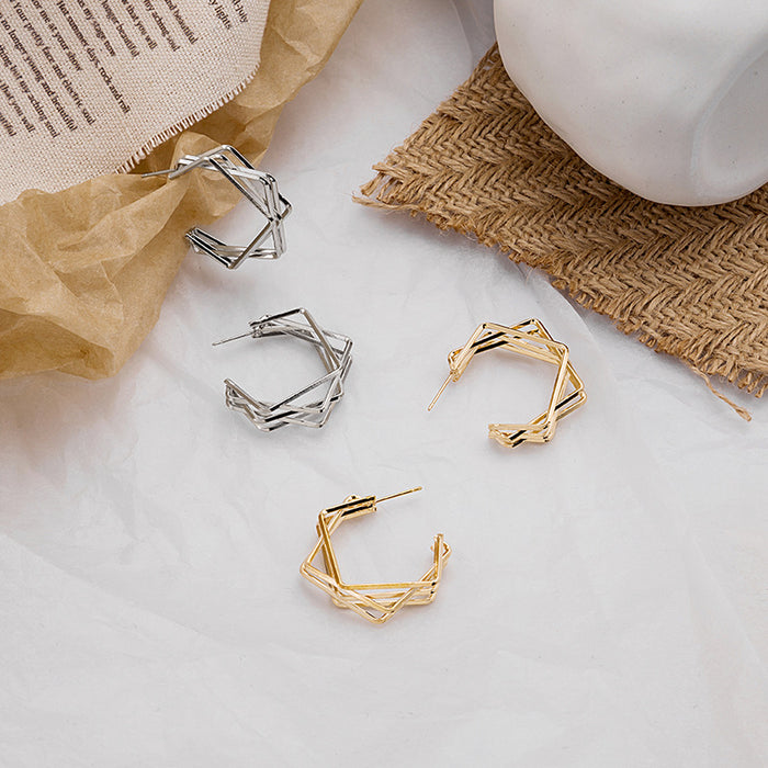 Gold and Silver Multi Wire Geometric C Hoop Stud Earrings