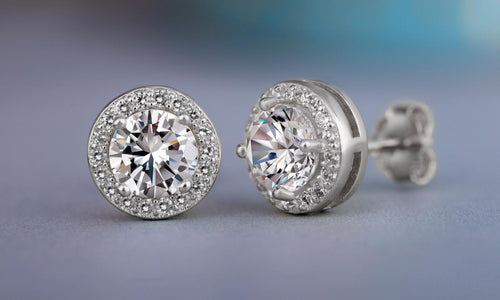 Silver-tone round clear halo stud earrings
