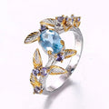 Light Blue Flower and Leaf Gold Tone Ring Jewelry Accessory view 1