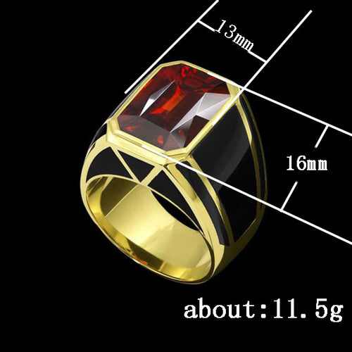 Specification view of gold tone geometric ring with deep red rectangular stone