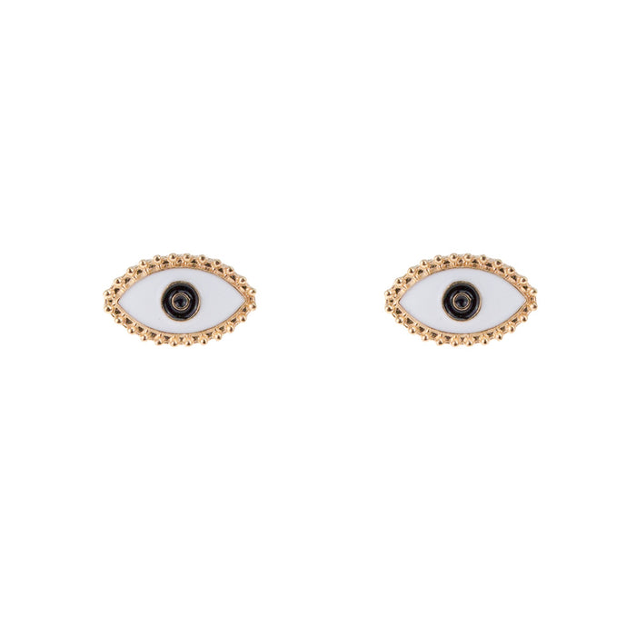 Gold Tone White Enamel Realistic Eye Stud Earrings