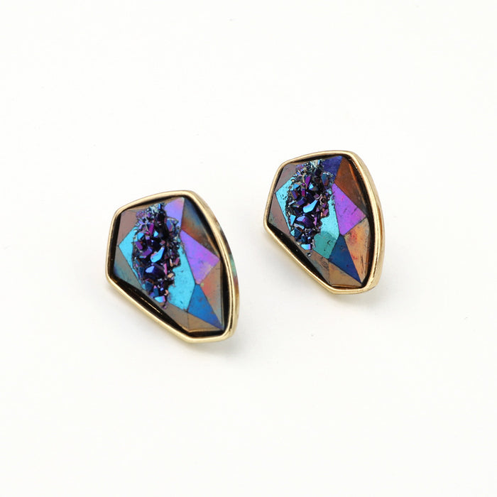 Multicolor Faceted Shield Crystal Stud Earrings with Gold Tone Bezels