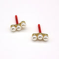 Three Pearl Row Stud Earrings with Gold Tone Posts view 2