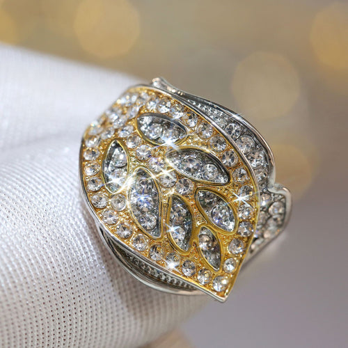 Clear Pave Leaf Pattern Gold Tone Wide Ring shown in alternate angle