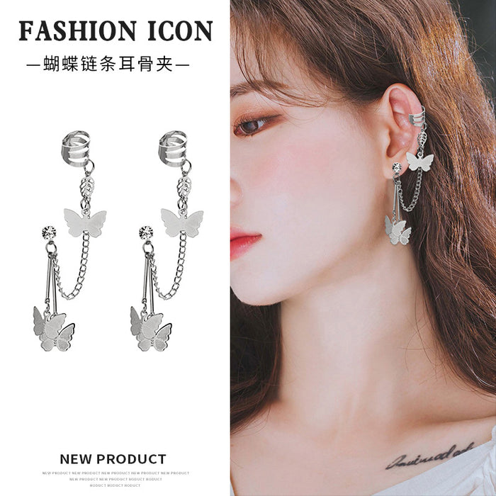 Three Silver Butterfly Ear Cuff and Chain Earring Designs