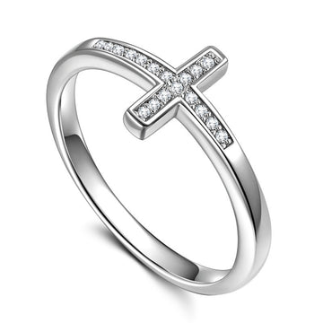 Silver Tone Micro Pavé Cross Band Ring Clear Stones Sizes