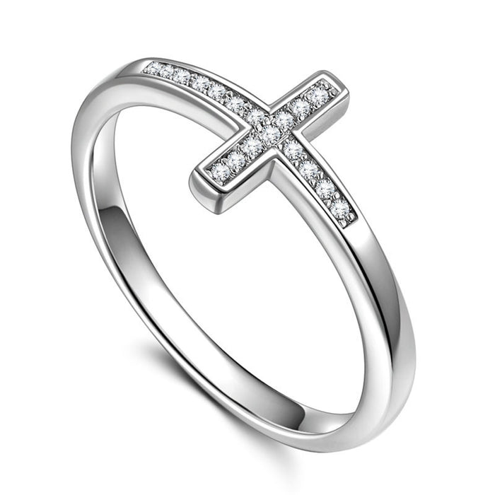 Silver Tone Micro Pavé Cross Band Ring Clear Stones Sizes