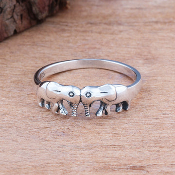 Silver Tone Elephant Parade Ring with Dark Recessed Details