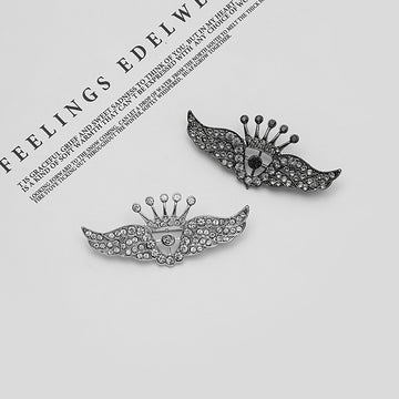 Black Rhinestone Crown Wings Brooch Gunmetal Angel Pin