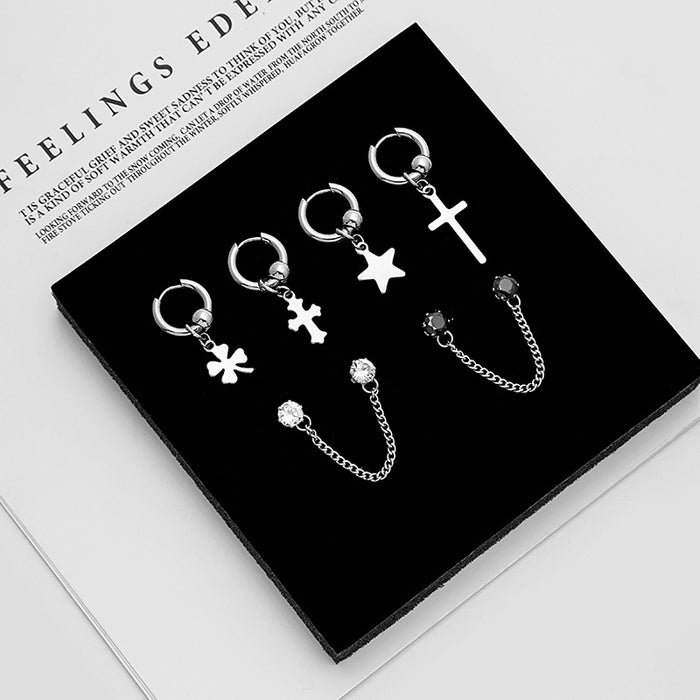 Silver Tone Four Leaf Clover and Cross Huggie Earrings