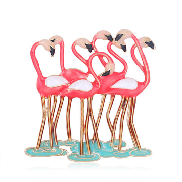 Pink Red Gold Tone Flamingo Sculpted Enamel Metal Brooch Pin