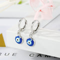 Silver Tone Round Blue Evil Eye Huggie Drop Earrings view 2
