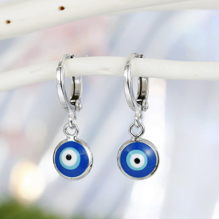 Silver Tone Round Blue Evil Eye Huggie Drop Earrings