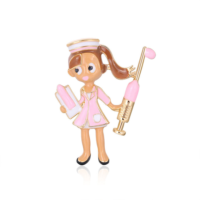 Pink Gold Tone Nurse Girl with Syringe Two Designs Metal Brooch Pin