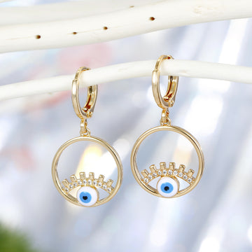 Evil Eye Circle Huggie Drop Earrings in Two Finishes