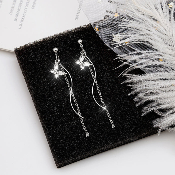 Silver Butterfly S Curve Chain Long Dangle Earrings