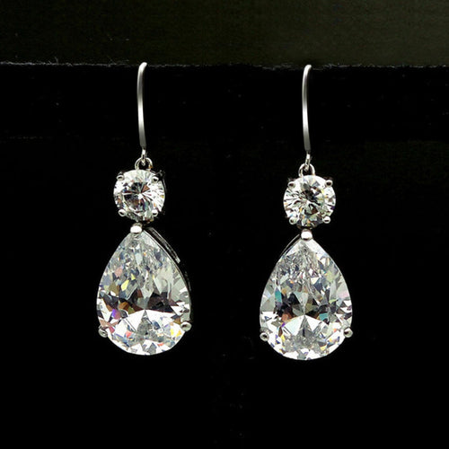 Front product view of silver tone teardrop stone hook drop earrings