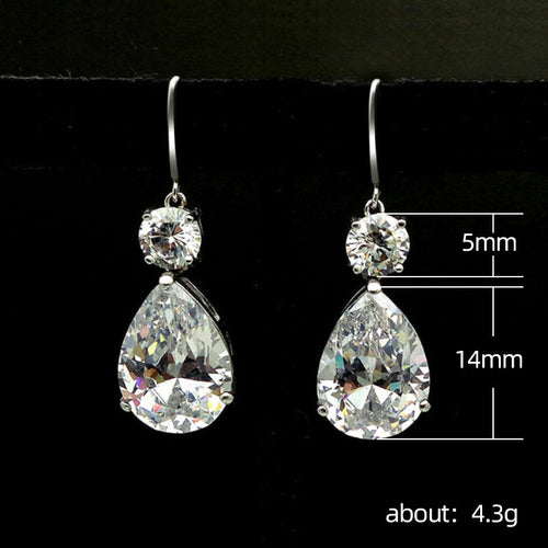 Specification view of silver tone teardrop stone hook drop earrings