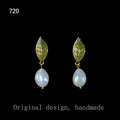Gold Enamel Leaf Butterfly Pearl Drop Earrings Two Styles view 3