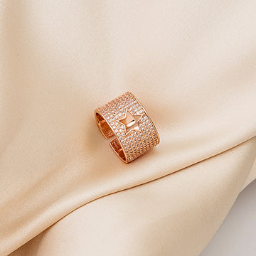 Pave Crystal Star Cutout Wide Open Adjustable Band Ring