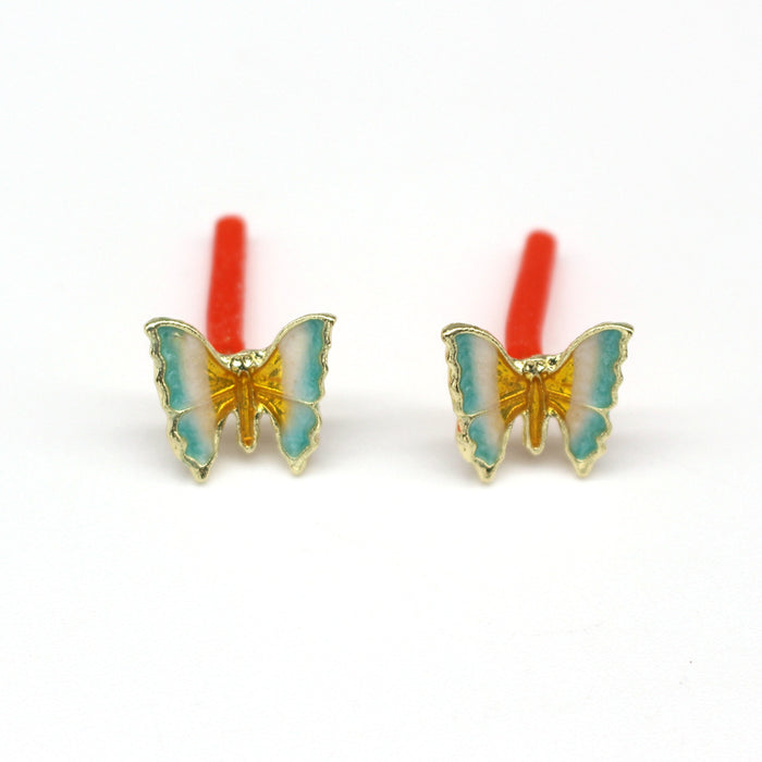 Aqua Enamel Butterfly Stud Earrings with Gold Tone Outline