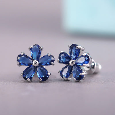 Blue five-petal stone flower stud earrings