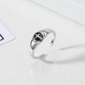 Silver Tone Black Enamel Cross Signet Adjustable Open Ring view 2