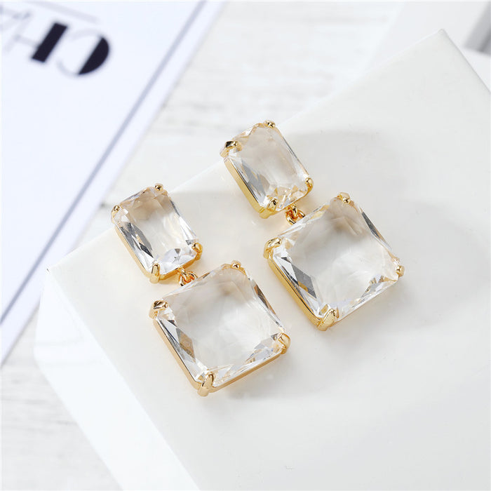 Clear Rectangular and Square Double Crystal Drop Stud Earrings