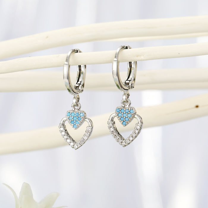 Double Heart Crystal Huggie Drop Earrings in Gold or Silver Tone