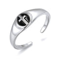 Silver Tone Black Enamel Cross Signet Adjustable Open Ring view 1