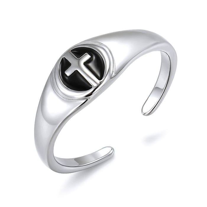 Silver Tone Black Enamel Cross Signet Adjustable Open Ring