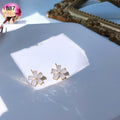 Gold White Flower And Oval Pearl Halo Stud Earrings view 6