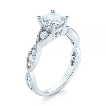 Silver Tone Solitaire Ring with Open Scroll Shoulders